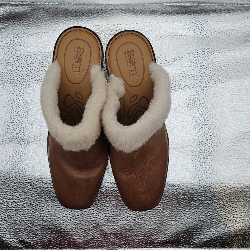 Born Shearling Lined Leather Mule Clogs Cognac Tan Size 9 - Picture 8 of 8
